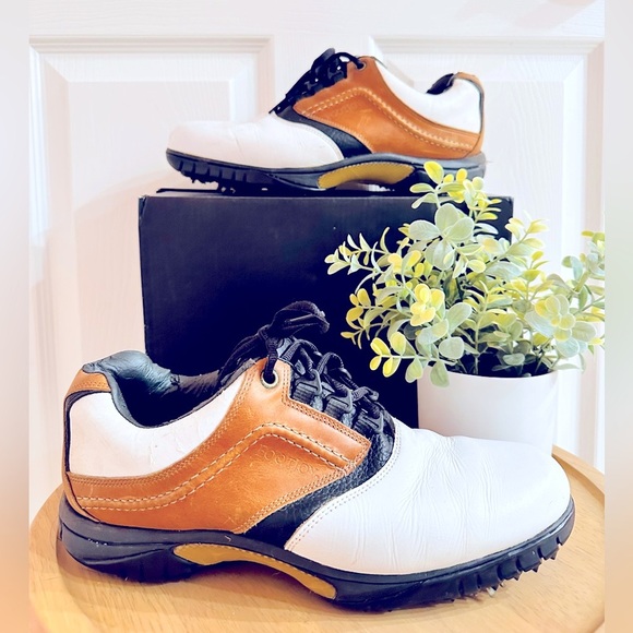 FOOTJOY ~ Contour Series men’s white and tan leather golf shoes size 10.5 - Picture 1 of 7